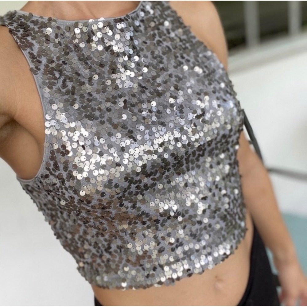 Express Silver Gray Sequin Halter Sleeveless Crop… - image 1